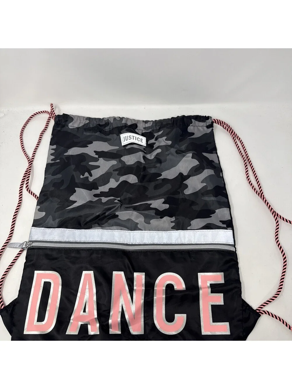 Justice Camo DANCE Drawstring Backpack Bag Large Zip Pocket Tote 14
